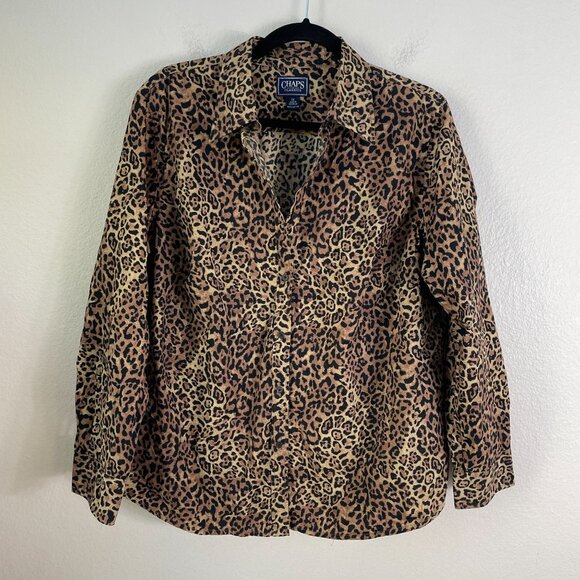 Chaps Classics Womens Plus 1X Leopard Animal Print Button Up Shirt Long Sleeve - Picture 7 of 9